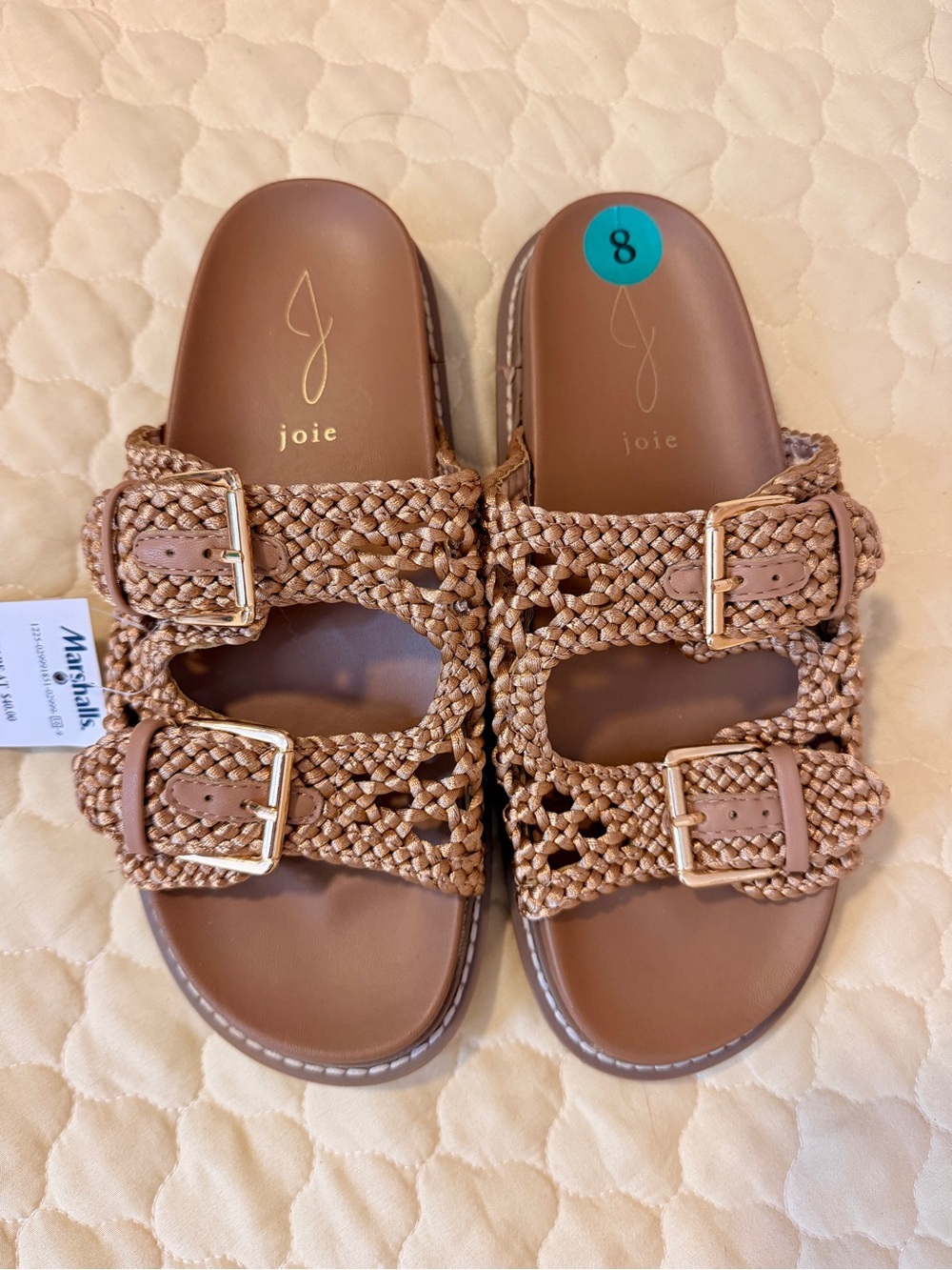 Joie Tan Braided Double-Strap Slide Sandals with Gold Buckles